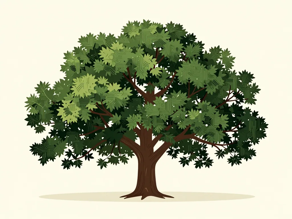 An oak tree whose leaves carry faint circuit traces.