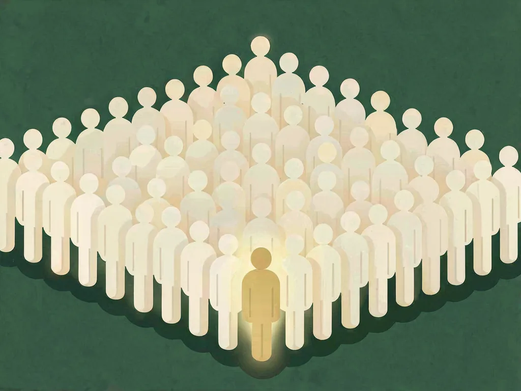 A crowd of pale identical figures with one figure lit gold.