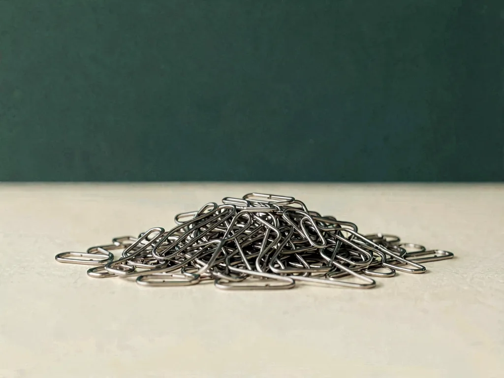 A heap of ordinary paperclips on a pale surface against a dark green wall.