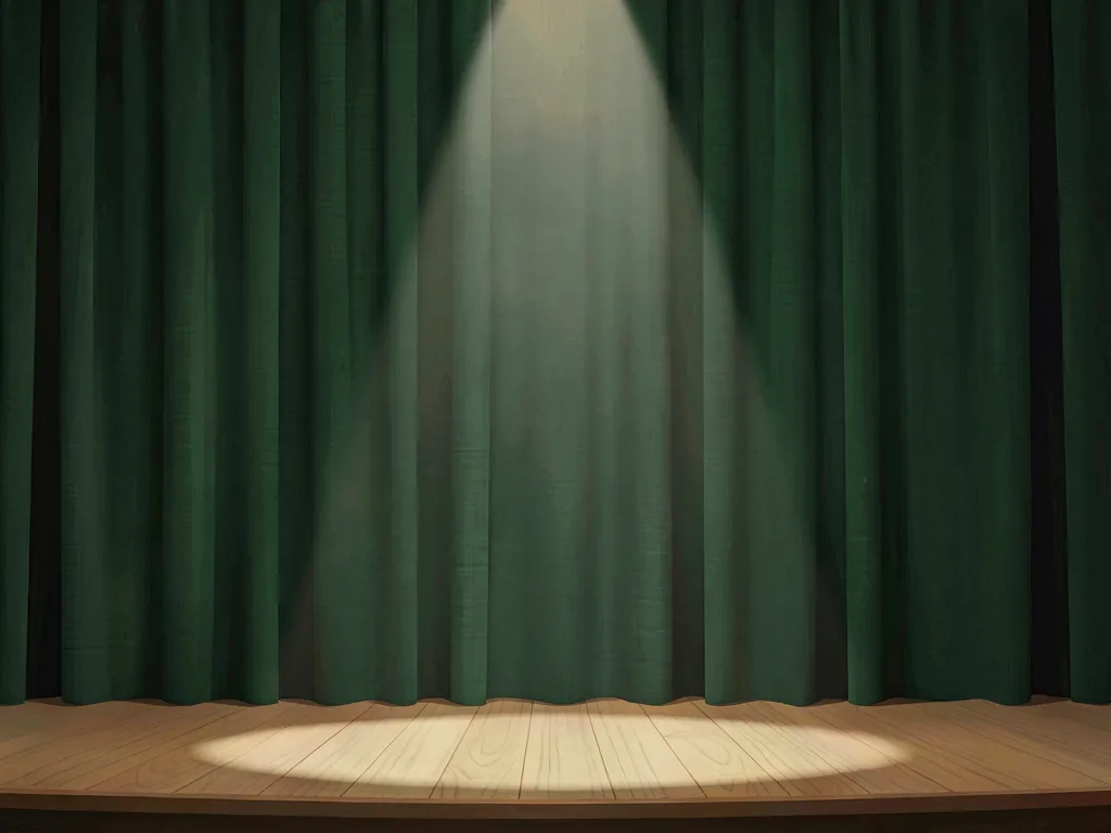 An empty theatre stage: heavy green curtains and one spotlight on bare boards.