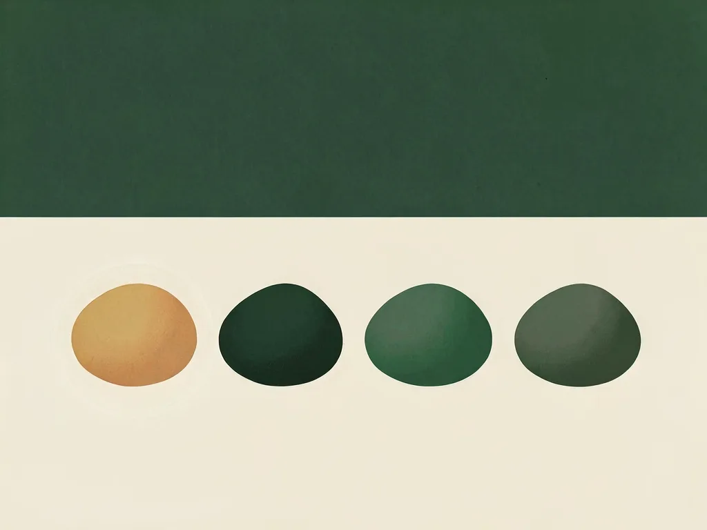 Four rounded forms in a row on cream — the first lit amber, the other three dark green.