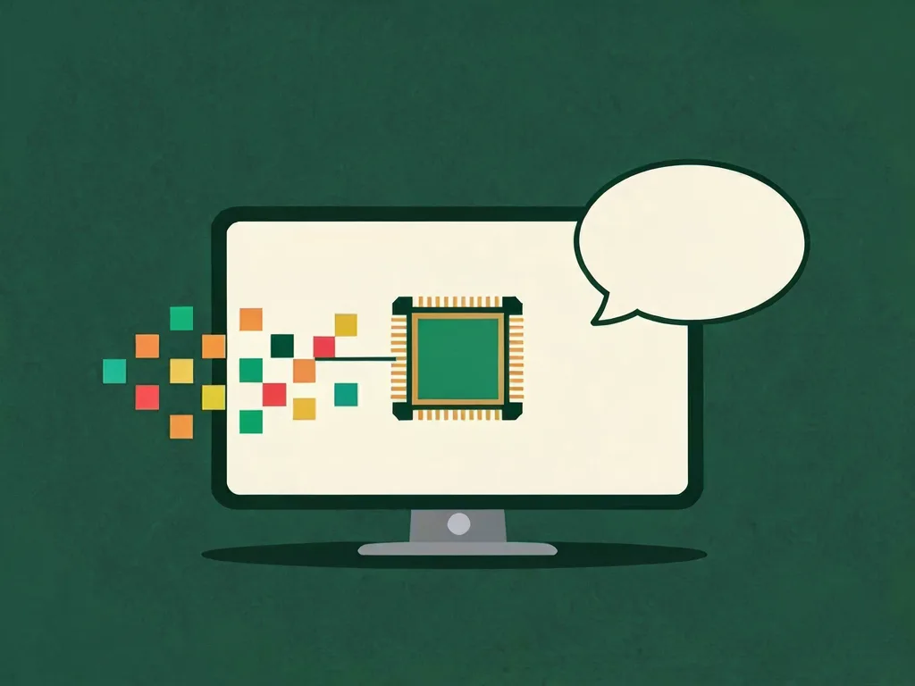 A monitor with a chip at its centre: coloured squares stream in from the left, a blank speech bubble comes out.