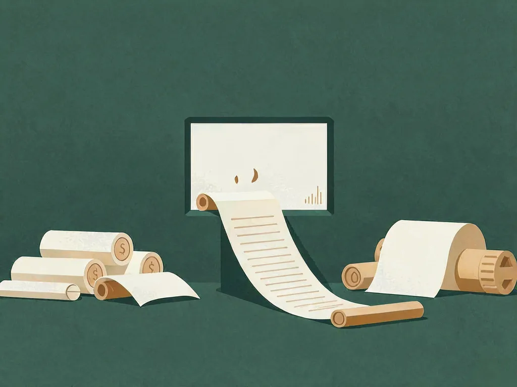 A screen feeding out one long unbroken scroll of printed paper, with more rolled scrolls stacked beside it.