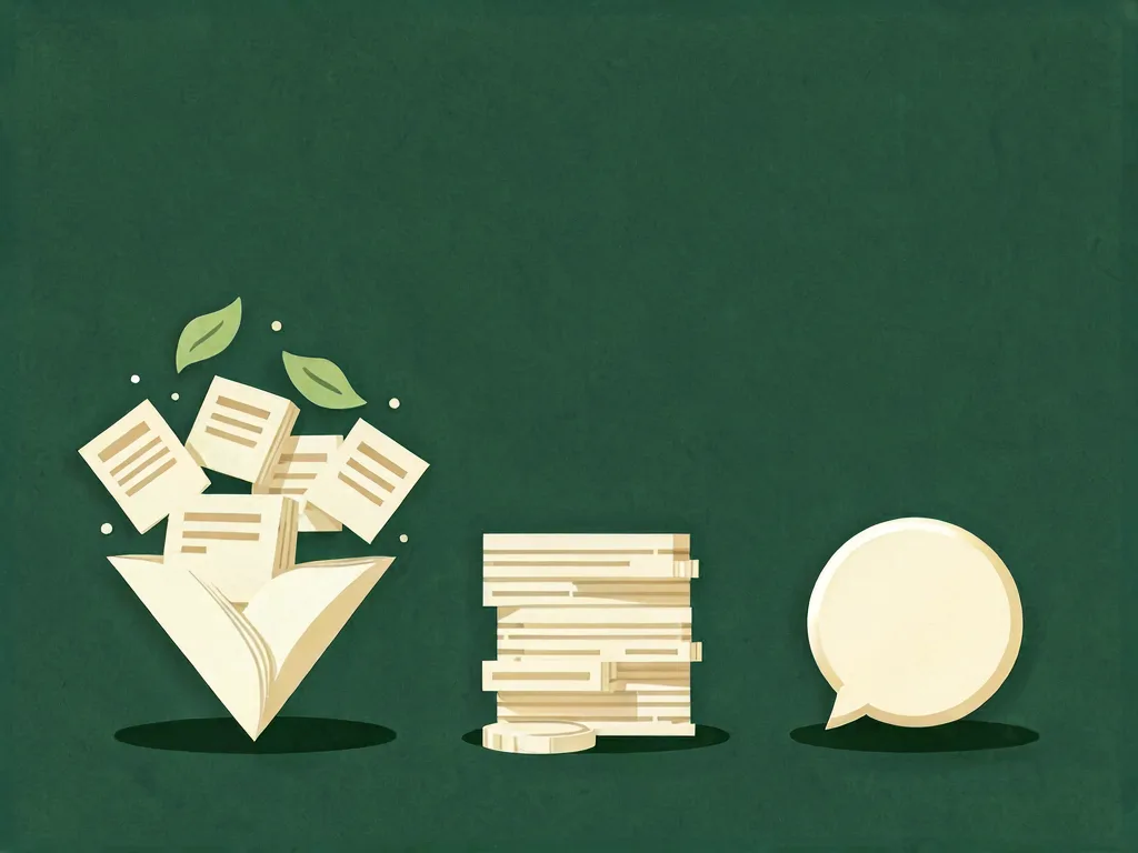 Loose pages funnelling down into a neat stack of documents, a blank speech bubble beside it.