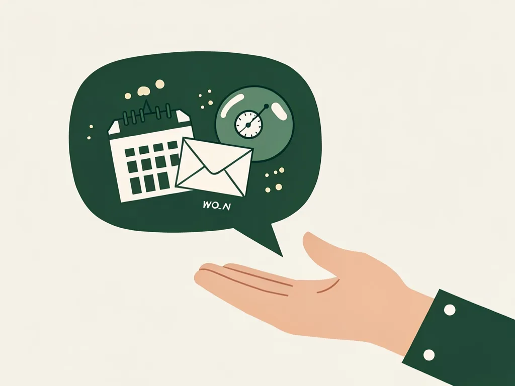 An open hand holding up a speech bubble that contains a calendar, an envelope and a clock.