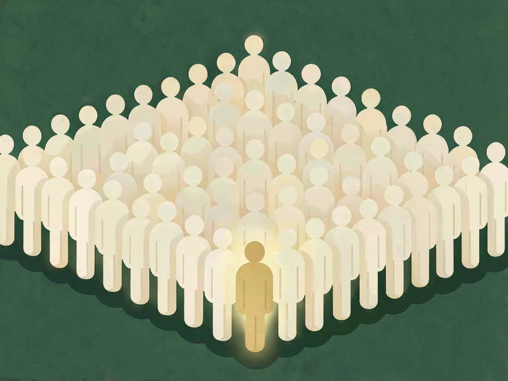 A crowd of identical pale figures with a single gold figure lit at the front.