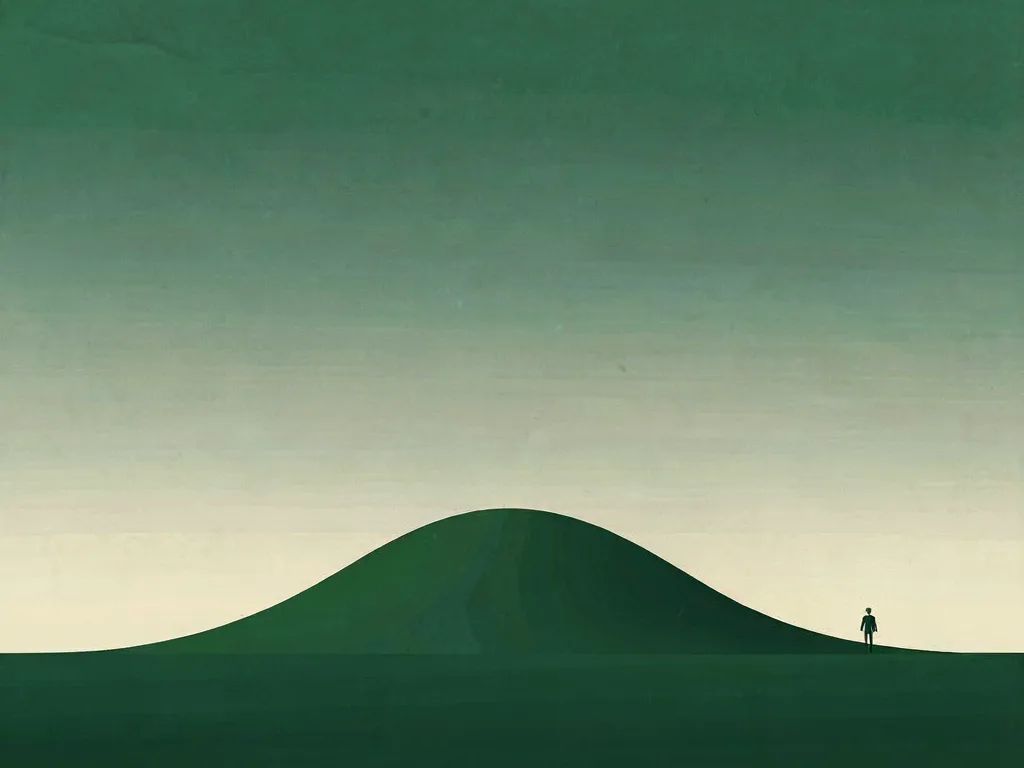 One small figure standing on the crest of a dark green hill under an open sky.