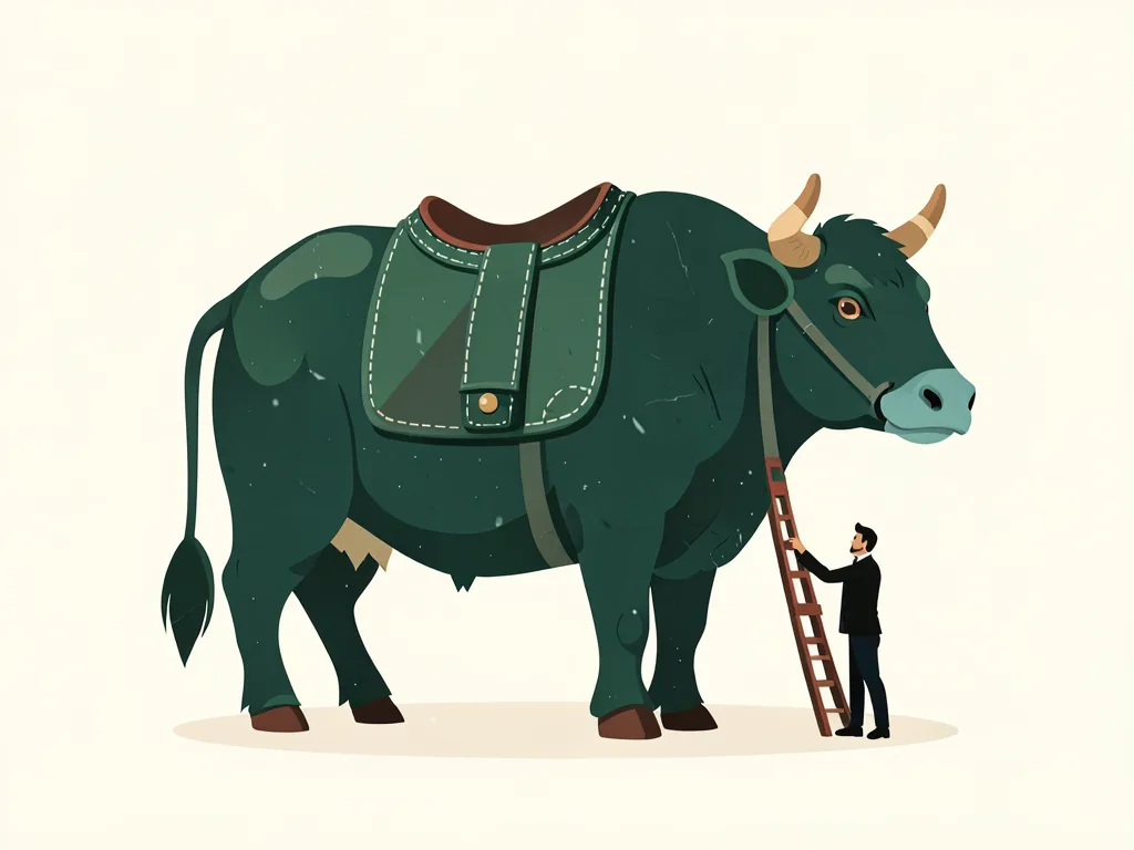 A large ox wearing a fitted saddle, with a person on a stepladder reaching up to it.