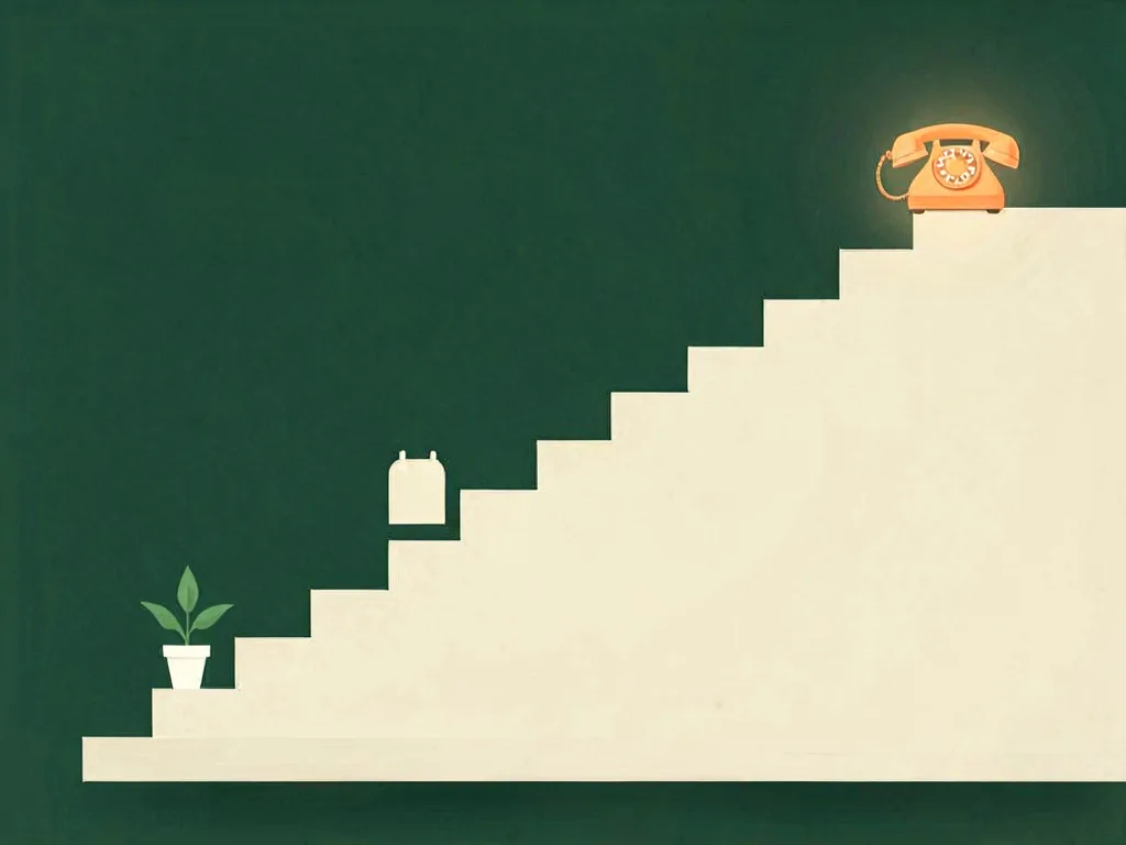 A pale staircase climbing across a green wall: a potted plant on the bottom step, a lit telephone on the top one.