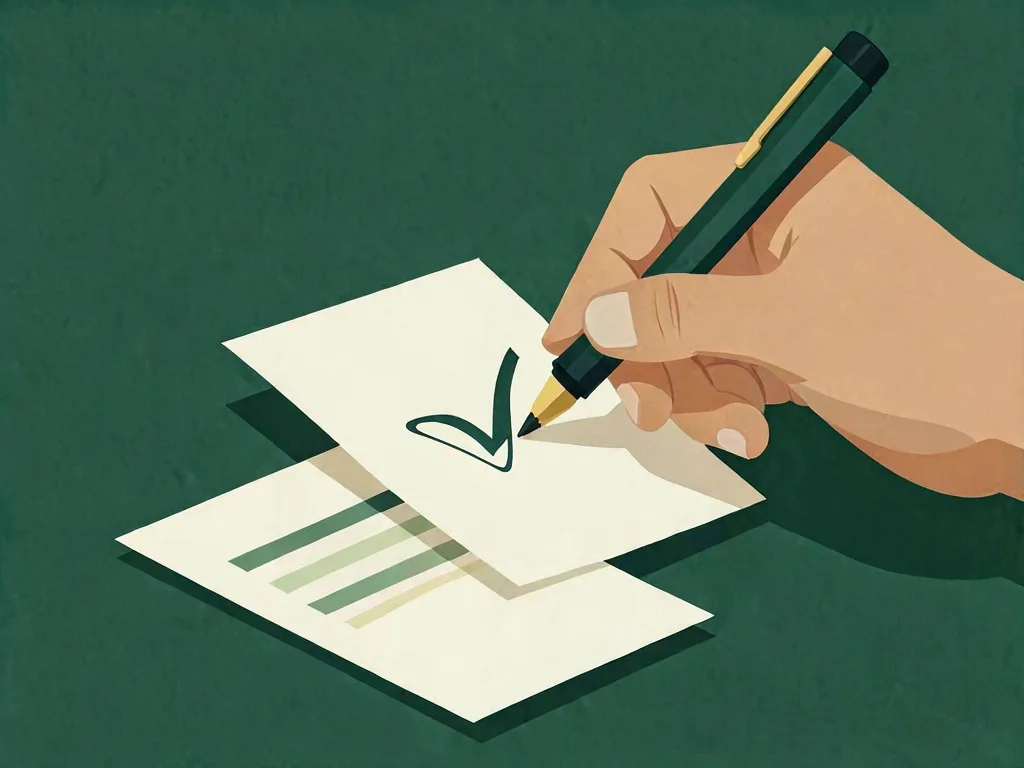 A hand with a pen marking a check on a sheet laid over a simple report.