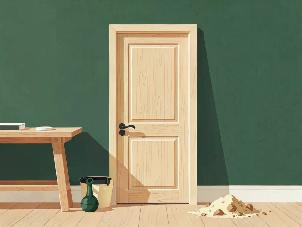 A plain wooden door propped against a green wall beside a workbench, with a paint can and sawdust on the floor.