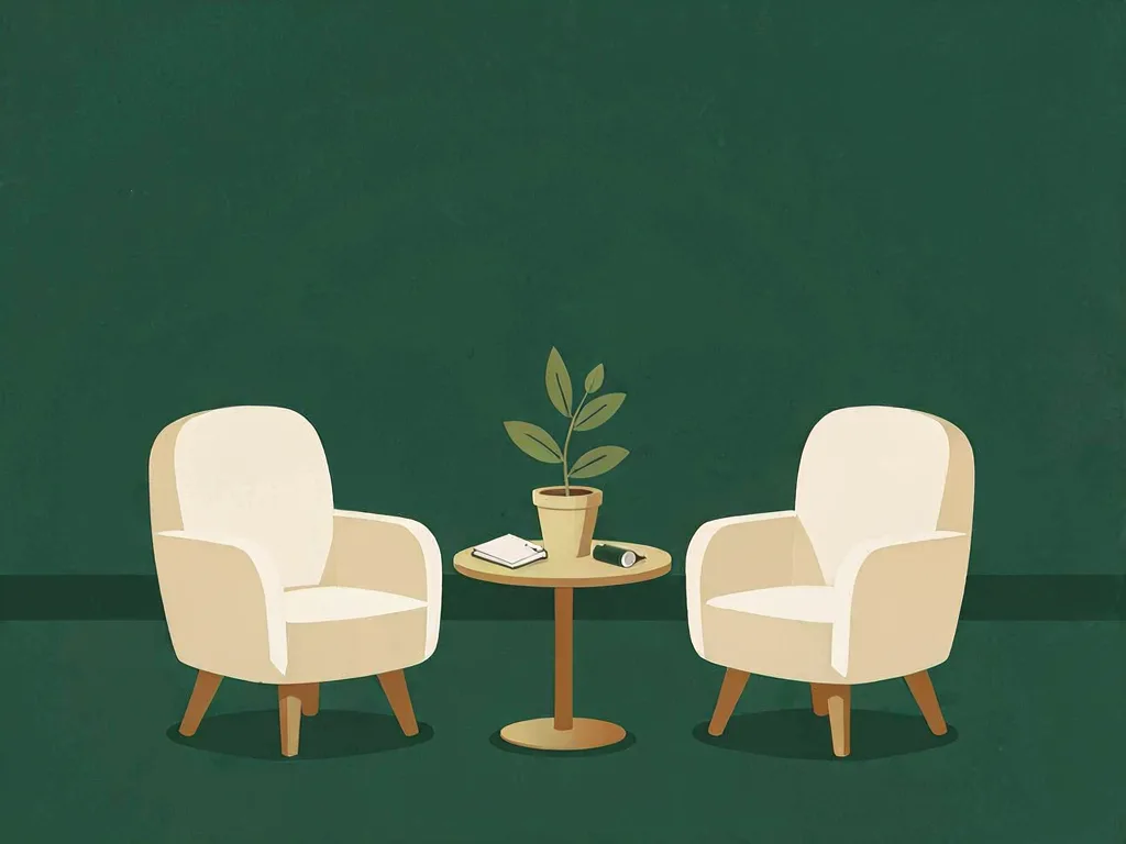 Two armchairs facing a small round table with a potted plant, a notebook and a phone on it.