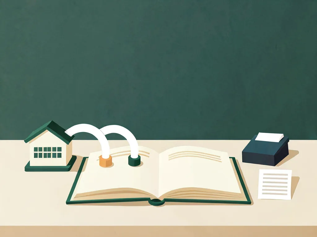 A desk with an open ledger, a small house model linked to it by two arcs, a card file and a printed statement.