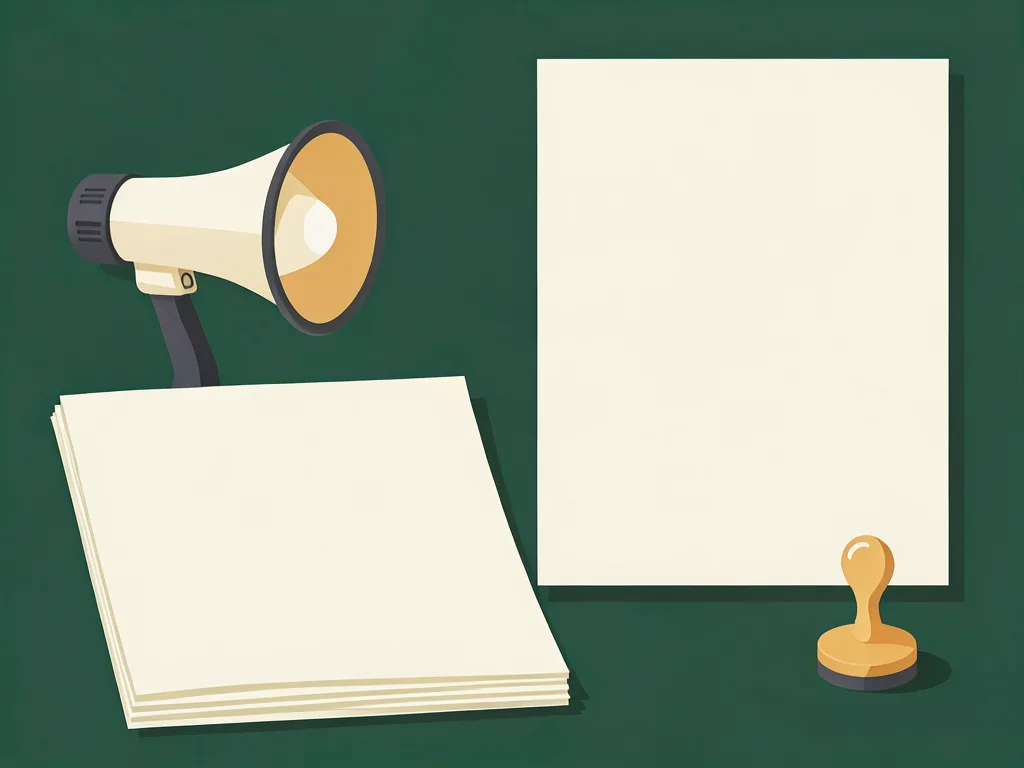 A megaphone on a stand beside a stack of blank paper, a large blank sheet and a rubber stamp.