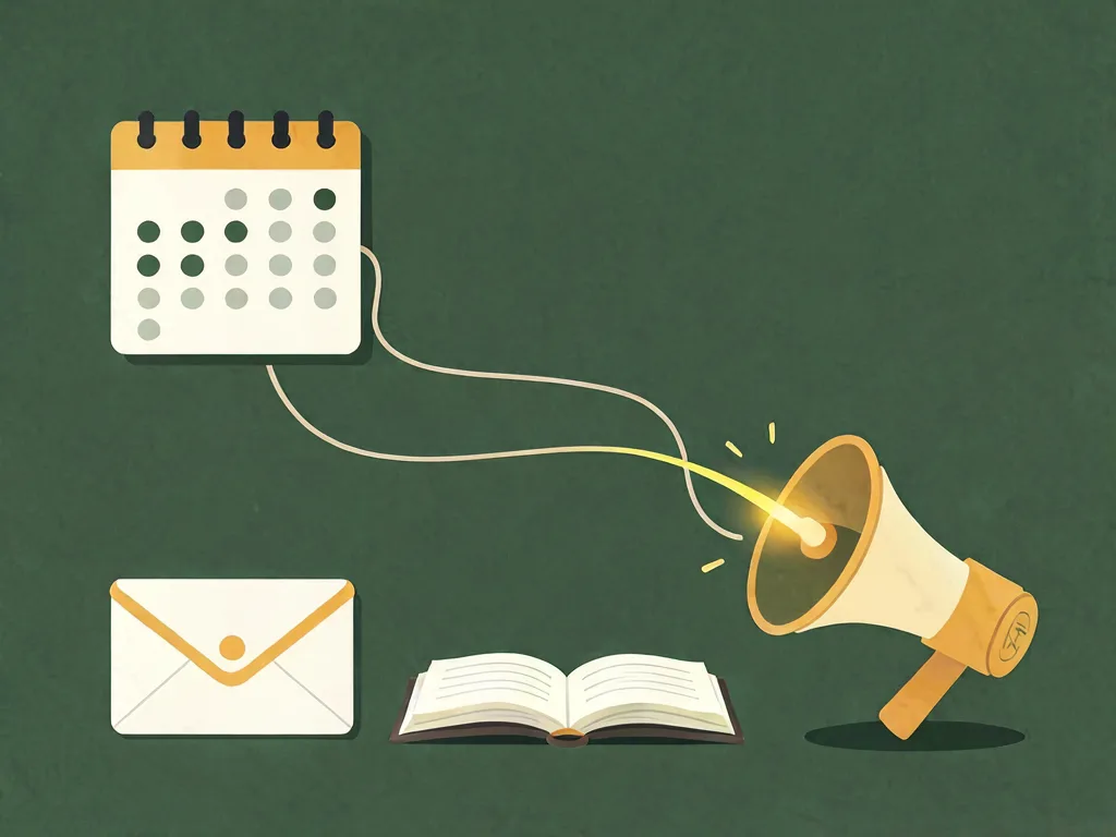 A wall calendar, an envelope and an open book, wired by a cord to a megaphone that is lit.