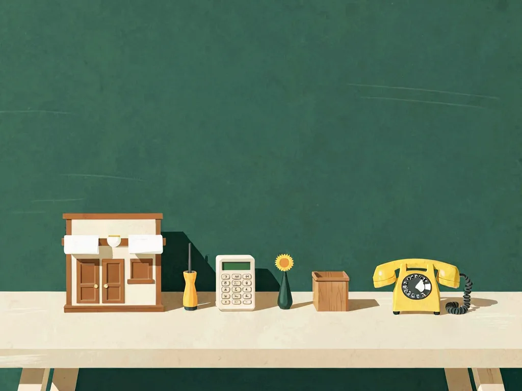 A workbench holding a small shopfront model, a screwdriver, a calculator, a wooden box and a telephone.