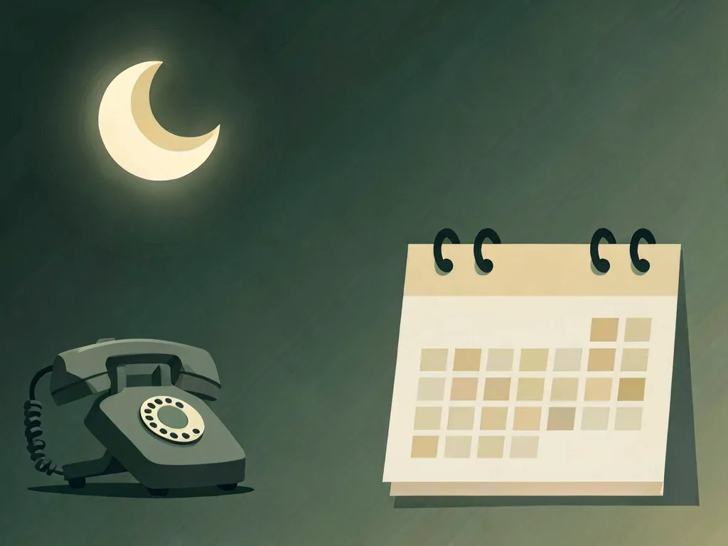 A crescent moon over a dark room with an old desk telephone and a calendar with several days filled in.