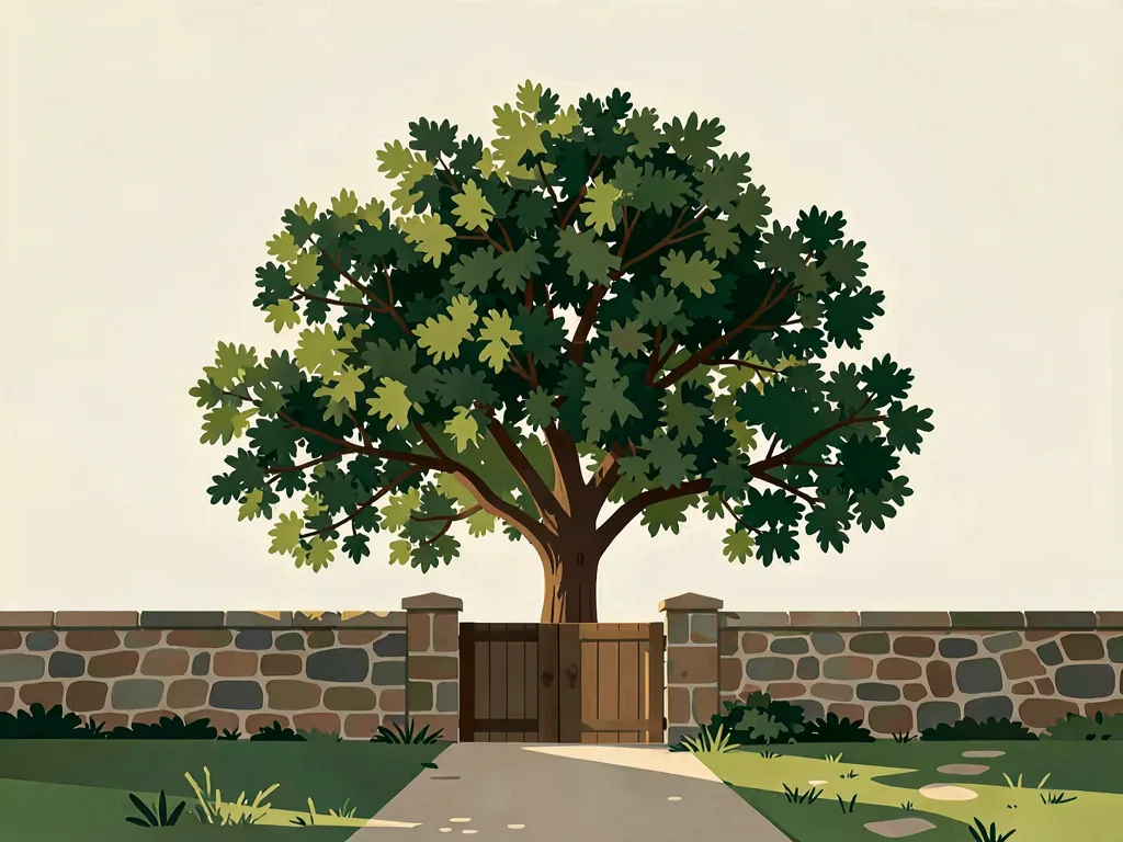 A broad oak behind a stone wall, its wooden garden gate standing open onto a path.