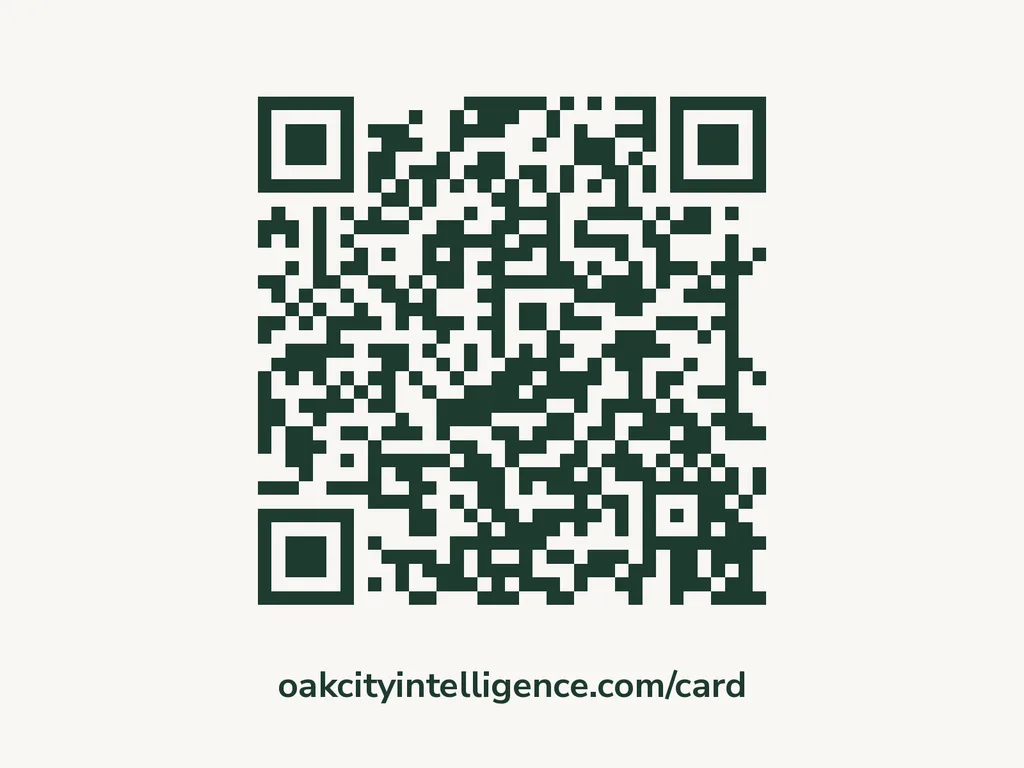 A QR code printed above the address oakcityintelligence.com/card.